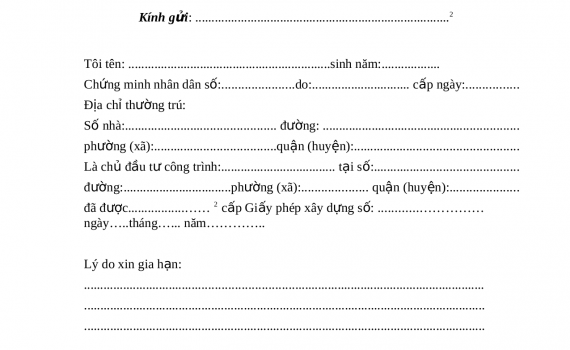 mẫu đơn xin gia hạn giấy phép xây dựng