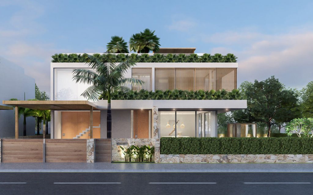 Mẫu biệt thự 2 tầng mái bằng cấu trúc tích hợp thêm nhiều cây xanh